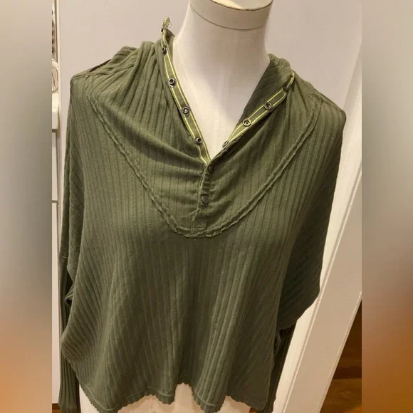 NWOT Free People Movement Blissed Out Rib Henley Hoodie, Army Green, Medium - Picture 8 of 8
